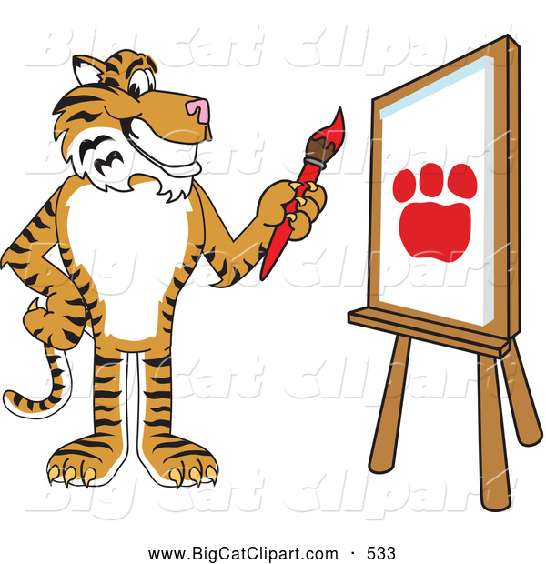 Big Cat Cartoon Vector Clipart of a Smiling Tiger Character School Mascot Painting a Canvas