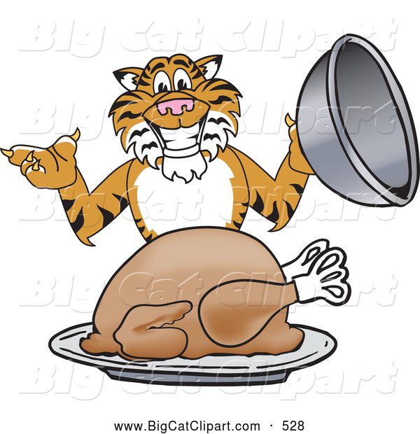 Big Cat Cartoon Vector Clipart of a Smiling Tiger Character School Mascot Serving a Thanksgiving Turkey