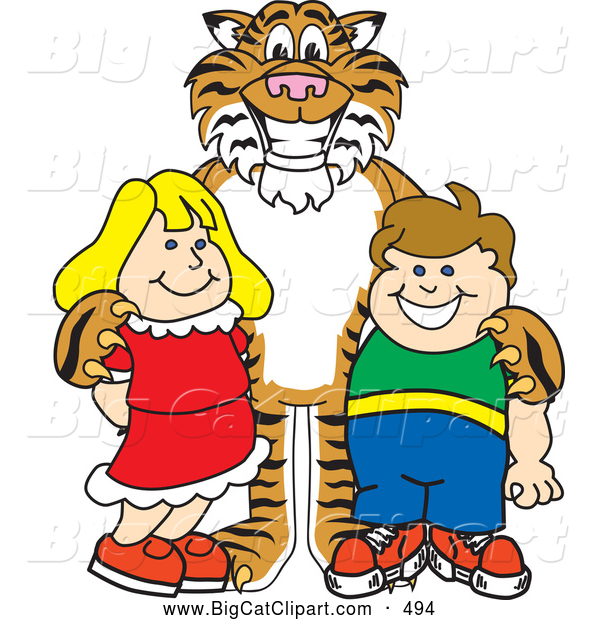 Big Cat Cartoon Vector Clipart of a Smiling Tiger Character School Mascot with Students