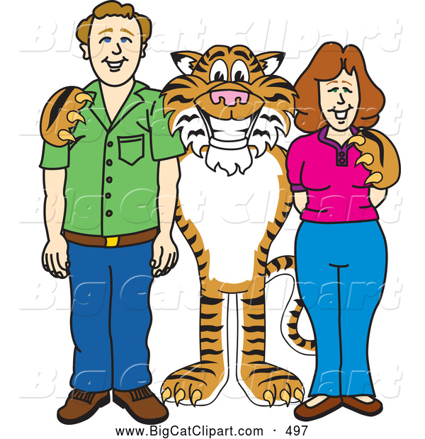Big Cat Cartoon Vector Clipart of a Smiling Tiger Character School Mascot with Teachers or Parents