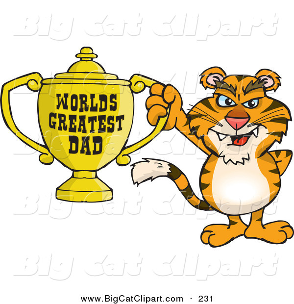 Big Cat Cartoon Vector Clipart of a Smiling Tiger Wildcat Character Holding a Golden Worlds Greatest Dad Trophy