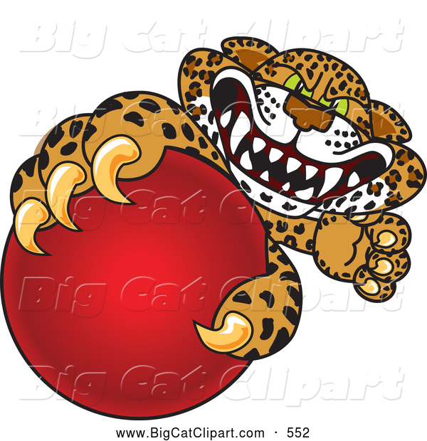 Big Cat Cartoon Vector Clipart of a Spotted Cheetah, Jaguar or Leopard Character School Mascot Grabbing a Red Ball