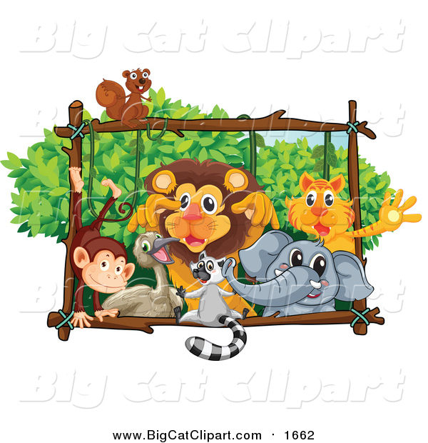 Big Cat Cartoon Vector Clipart of a Squirrel Monkey Emu Lemur Lion Elephant and Tiger Playing on a Forest Frame