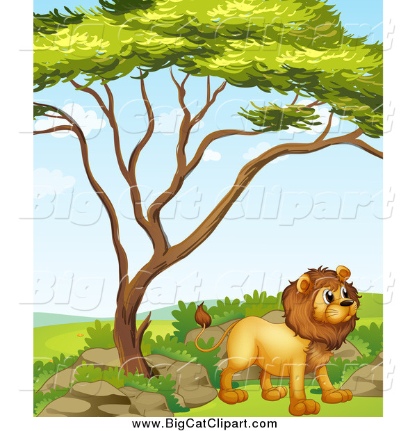 Big Cat Cartoon Vector Clipart of a Standing Lion by a Tree