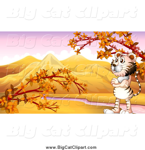 Big Cat Cartoon Vector Clipart of a Standing White Tiger in an Autumn Valley