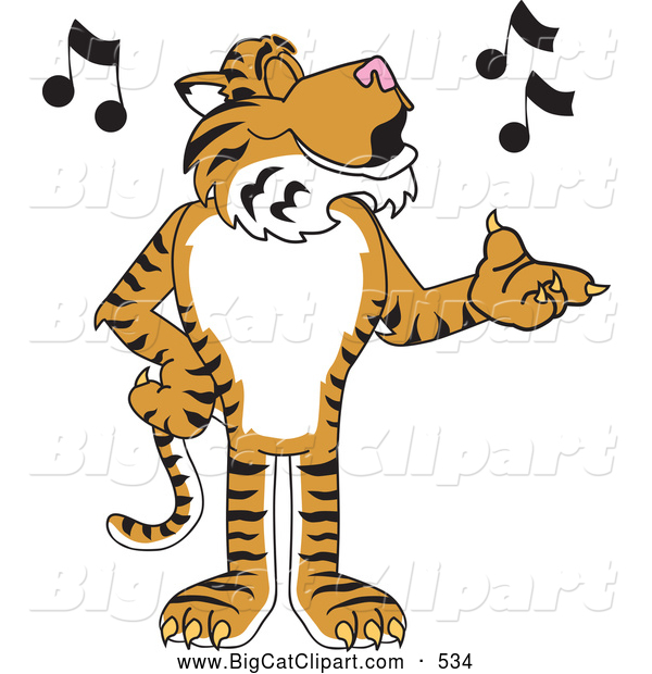 Big Cat Cartoon Vector Clipart of a Striped Tiger Character School Mascot Singing