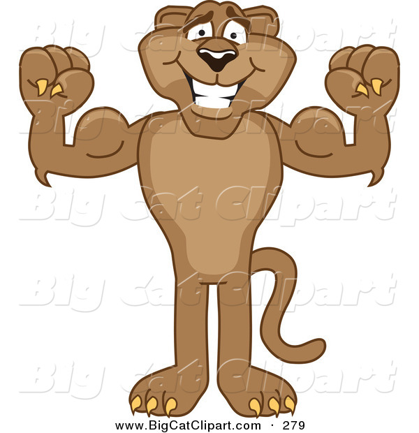 Big Cat Cartoon Vector Clipart of a Strong Cougar Mascot Character Flexing