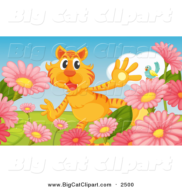 Big Cat Cartoon Vector Clipart of a Surprised Tiger in a Flower Garden