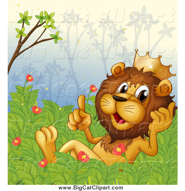 Big Cat Cartoon Vector Clipart of a Talking King Lion in a Bush