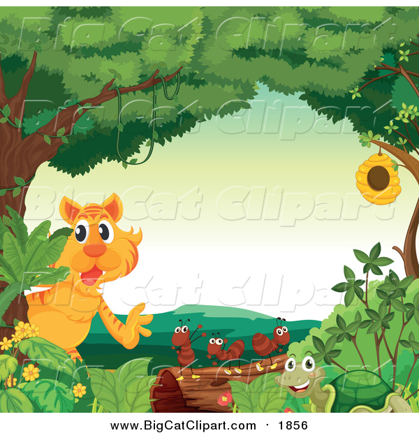 Big Cat Cartoon Vector Clipart of a Tiger and Bugs in a Forest