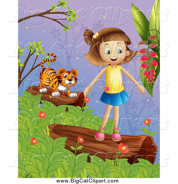 Big Cat Cartoon Vector Clipart of a Tiger and Happy Caucasian Girl on Logs at Dusk