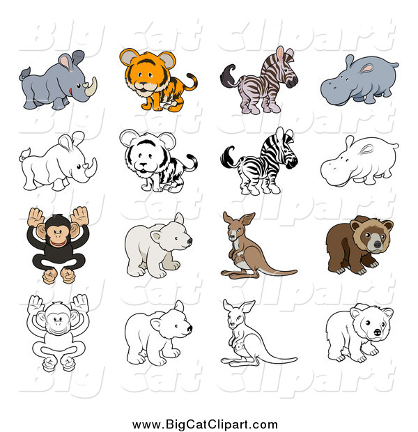 Big Cat Cartoon Vector Clipart of a Tiger and Wild Animals in Color and Black and White
