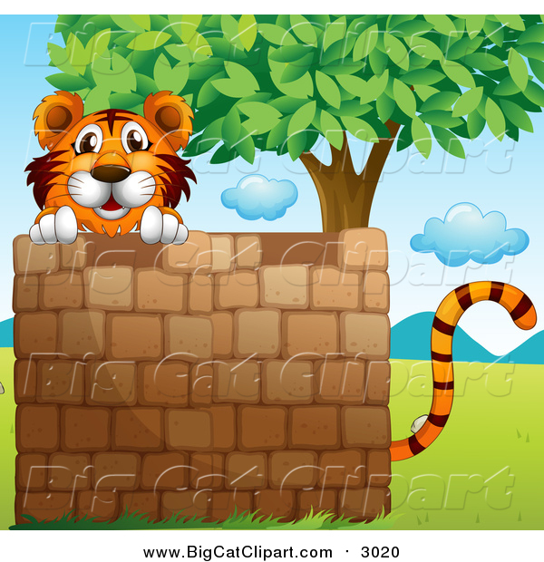 Big Cat Cartoon Vector Clipart of a Tiger Behind a Brick Wall near a Tree
