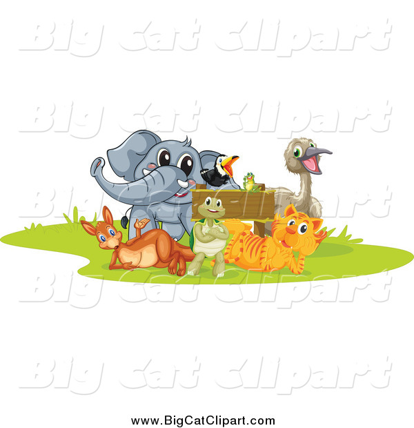 Big Cat Cartoon Vector Clipart of a Tiger Elephant Toucan Frog Kangaroo Tortoise and Emu Around a Sign