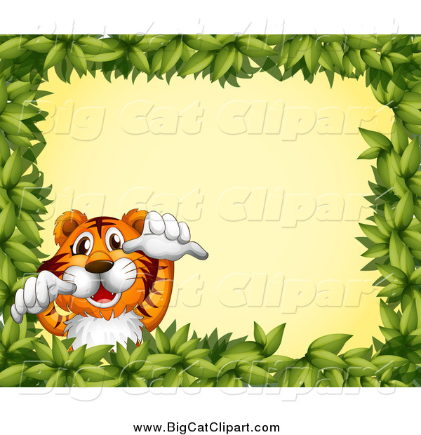 Big Cat Cartoon Vector Clipart of a Tiger Leaping in a Leaf Frame over Yellow