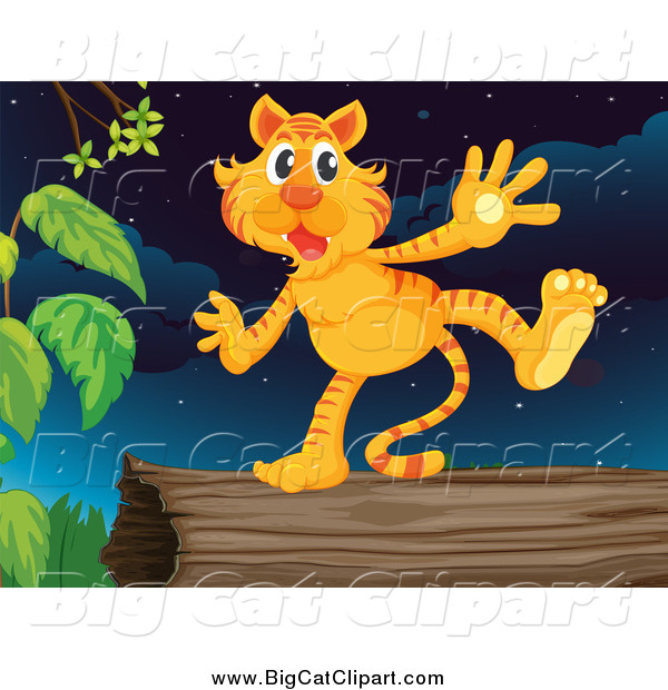 Big Cat Cartoon Vector Clipart of a Tiger on a Log