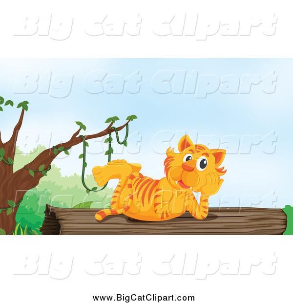Big Cat Cartoon Vector Clipart of a Tiger Resting on a Log