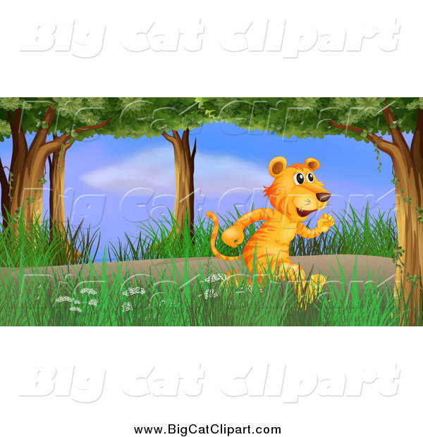 Big Cat Cartoon Vector Clipart of a Tiger Running Through the Woods