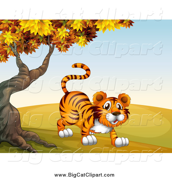 Big Cat Cartoon Vector Clipart of a Tiger Under an Autumn Tree