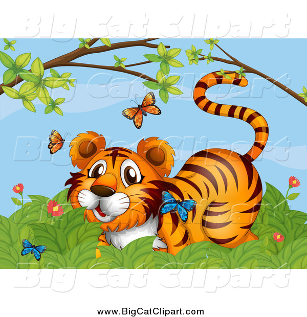 Big Cat Cartoon Vector Clipart of a Tiger Watching Butterflies in a Bush