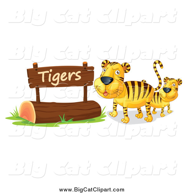 Big Cat Cartoon Vector Clipart of a Two Tigers by a Wooden Sign