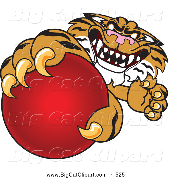Big Cat Cartoon Vector Clipart of a Vicious Tiger Character School Mascot Grabbing a Red Ball