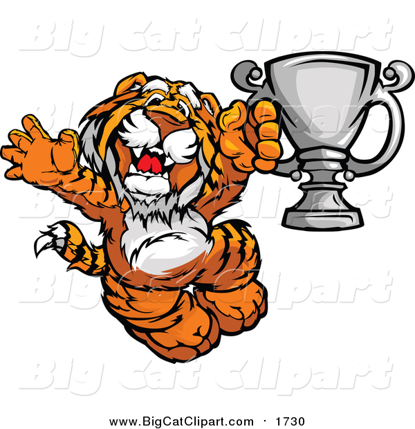 Big Cat Cartoon Vector Clipart of a Victorioius Tiger Champion Mascot Holding a Trophy
