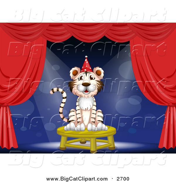 Big Cat Cartoon Vector Clipart of a White Tiger Wearing a Party Hat and Performing on Stage