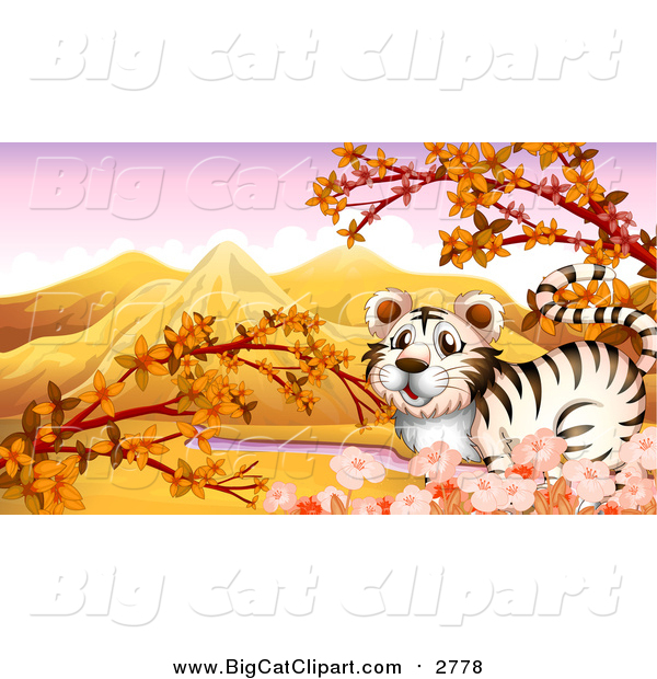 Big Cat Cartoon Vector Clipart of a White Tiger with Blossoms and an Autumn Landscape