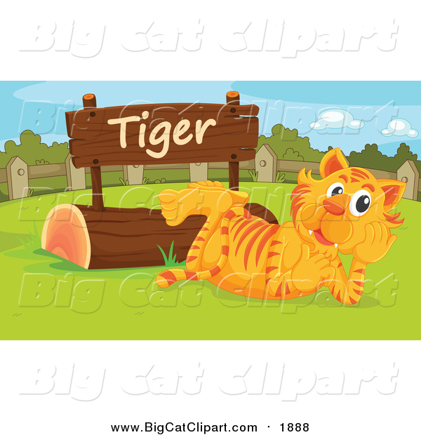 Big Cat Cartoon Vector Clipart of a Zoo Tiger Resting by a Sign