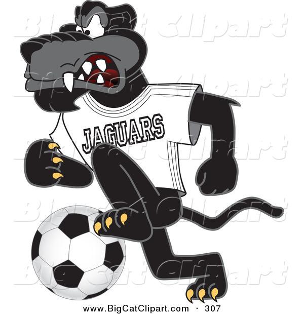 Big Cat Cartoon Vector Clipart of an Angry Black Jaguar Mascot Character Kicking a Soccer Ball