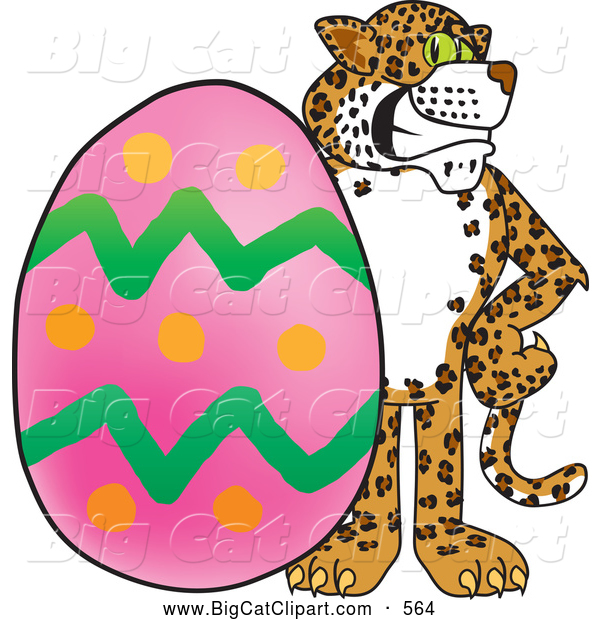 Big Cat Cartoon Vector Clipart of an Outgoing Cheetah, Jaguar or Leopard Character School Mascot with an Easter Egg