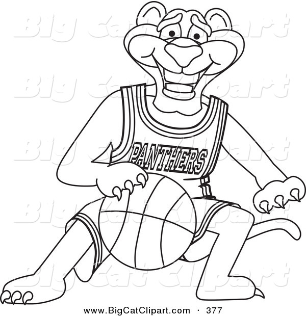 Big Cat Cartoon Vector Clipart of an Outline Design of a Panther Character Mascot Dribbling a Basketball