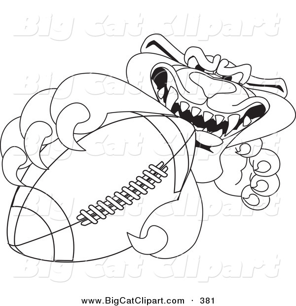 Big Cat Cartoon Vector Clipart of an Outline Design of a Panther Character Mascot Grabbing a Football