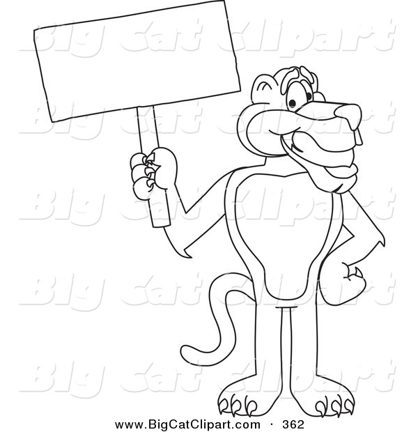 Big Cat Cartoon Vector Clipart of an Outline Design of a Panther Character Mascot Holding a Blank Sign