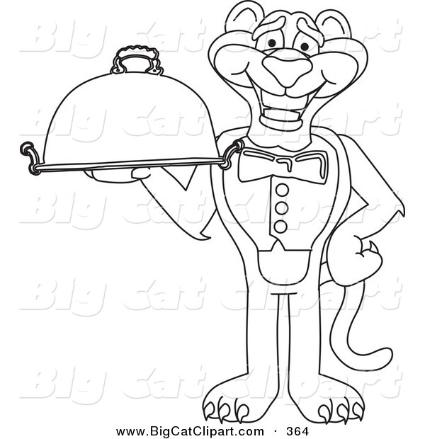 Big Cat Cartoon Vector Clipart of an Outline Design of a Panther Character Mascot Holding a Platter
