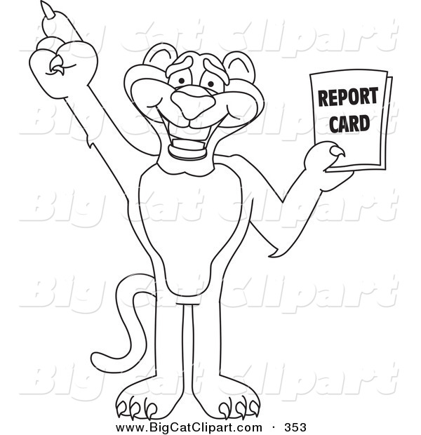 Big Cat Cartoon Vector Clipart of an Outline Design of a Panther Character Mascot Holding a Report Card