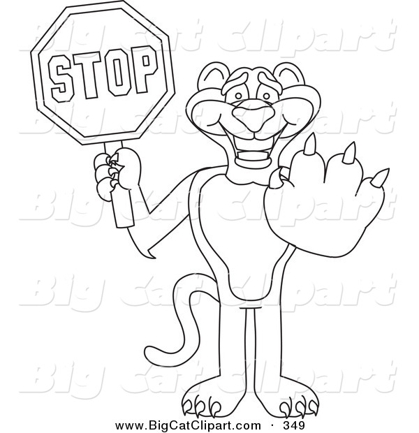 Big Cat Cartoon Vector Clipart of an Outline Design of a Panther Character Mascot Holding a Stop Sign