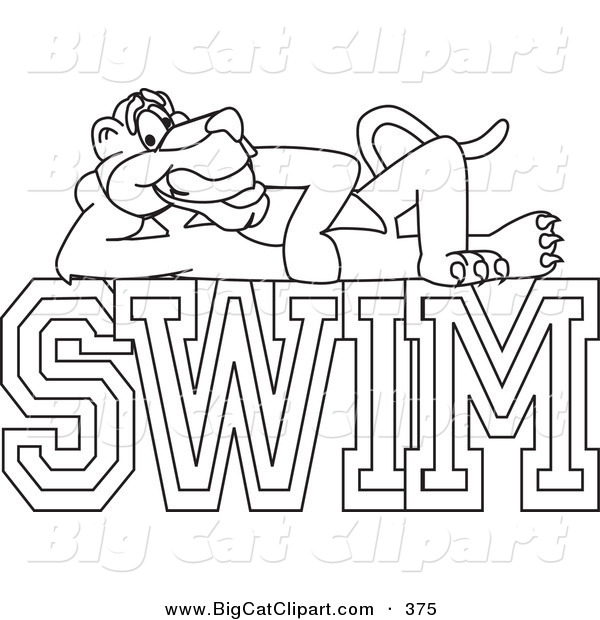Big Cat Cartoon Vector Clipart of an Outline Design of a Panther Character Mascot on Swim Text