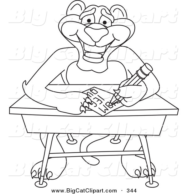 Big Cat Cartoon Vector Clipart of an Outline Design of a Panther Character Mascot Taking a Quiz