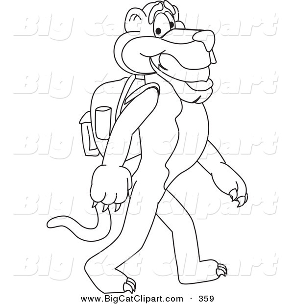 Big Cat Cartoon Vector Clipart of an Outline Design of a Panther Character Mascot Walking to School