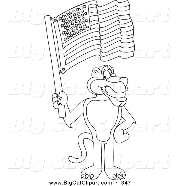 Big Cat Cartoon Vector Clipart of an Outline Design of a Panther Character Mascot Waving an American Flag