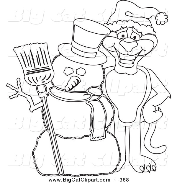 Big Cat Cartoon Vector Clipart of an Outline Design of a Panther Character Mascot with a Snowman
