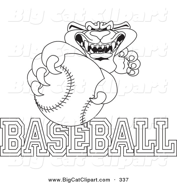 Big Cat Cartoon Vector Clipart of an Outline Design of a Panther Character Mascot with Baseball Text