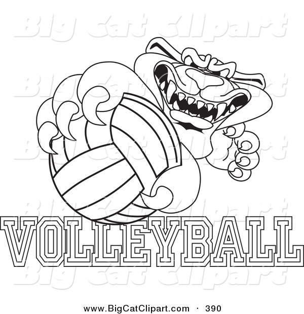 Big Cat Cartoon Vector Clipart of an Outline Design of a Panther Character Mascot with Volleyball Text