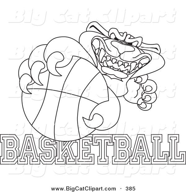 Big Cat Cartoon Vector Clipart of AnOutline Design of a Panther Character Mascot with Basketball Text