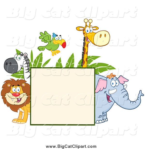 Big Cat Cartoon Vector Clipart of Happy Zoo Animals Around a Sign