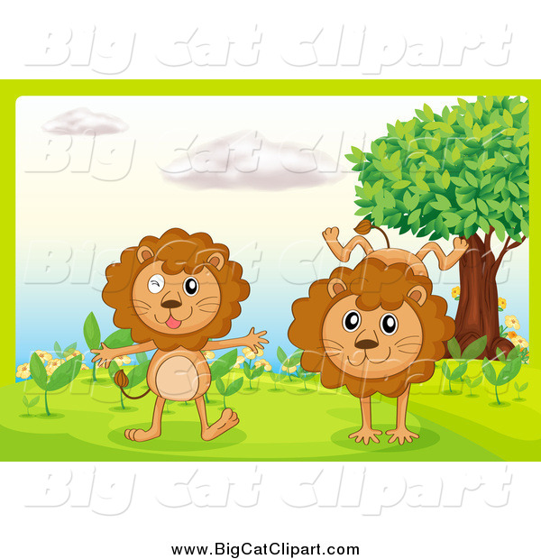 Big Cat Cartoon Vector Clipart of Lions Playing in a Garden
