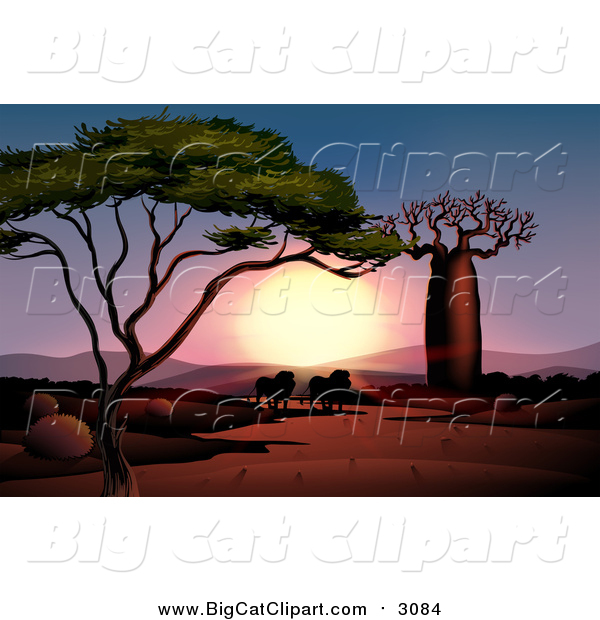 Big Cat Cartoon Vector Clipart of Lions Silhouetted at Sunset