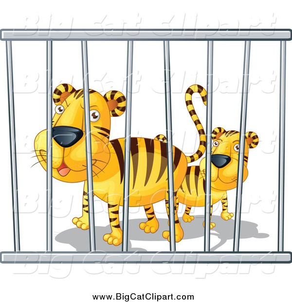 Big Cat Cartoon Vector Clipart of Zoo Tigers in a Cage
